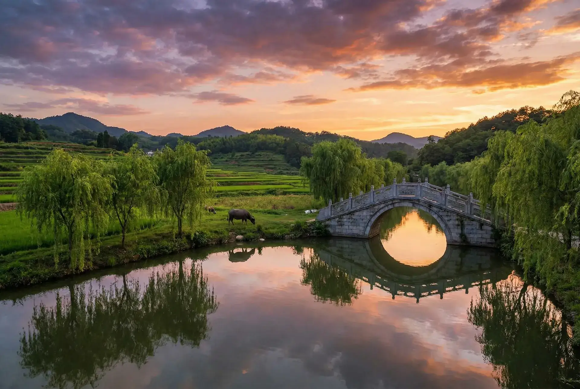 夕阳下的石拱桥与垂柳，水牛在河边吃草 - 麻豆传媒网址 乡村美景